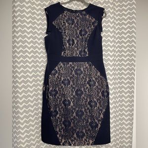 EUC Adrianna PapellDress Size 14 Navy Floral Lace with Tan Lining